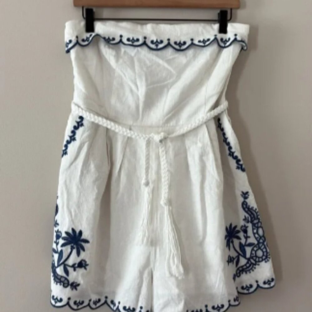 Caroline Constas Linen Blend Romper Embroidered Scallop Design Tie Waist Blue S